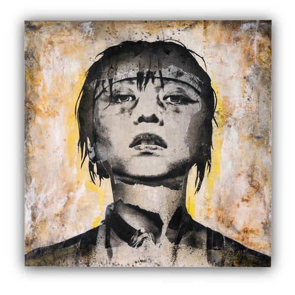 Mixed media artwork on wood panel featuring a portrait with a predominantly gray and yellow color palette, with a sense of distress or trauma depicted.