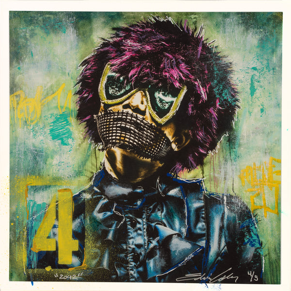 Hand embellished fine art print featuring an abstract character with a mask and a fur hat in green and black tones.