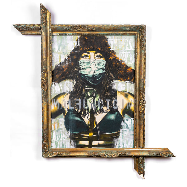 Mixed media artwork on canvas depicting a character with a mask, vintage frame, and urban street art elements.