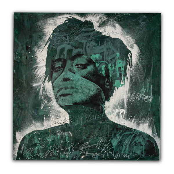 A mixed media artwork on wood panel depicting a figure with a green and black color palette.
