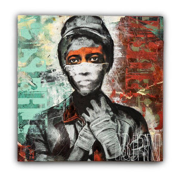 A mixed media artwork on wood panel featuring a collage of a person with a mask, surrounded by abstract red, blue, and beige hues.