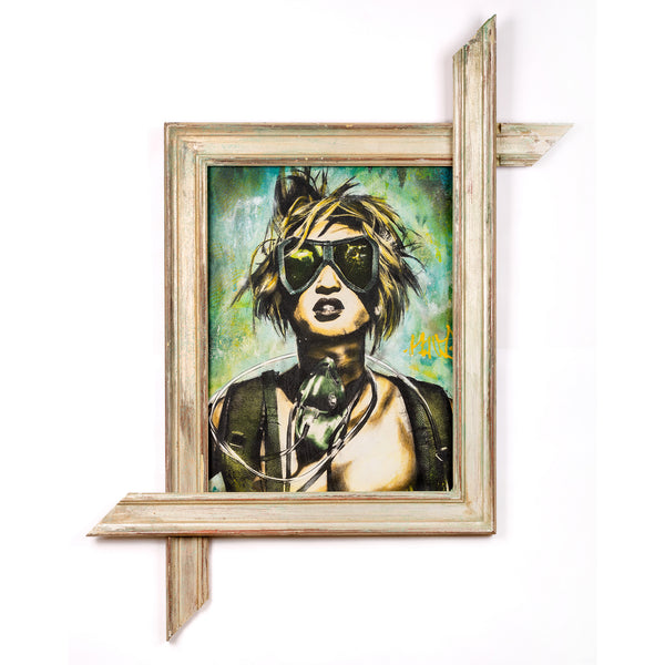 A mixed media canvas painting depicting a character with goggles in a vintage frame, predominantly in shades of green and gold, as part of an urban art collection.