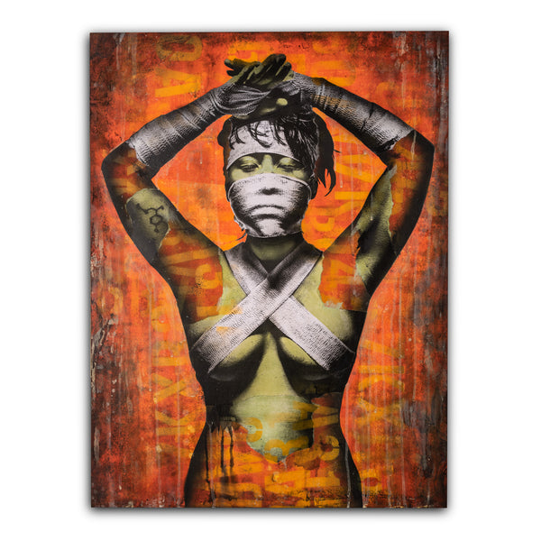 A mixed media artwork on wood panel depicting a figure with bandaged hands and a obscured face against an orange and yellow background.