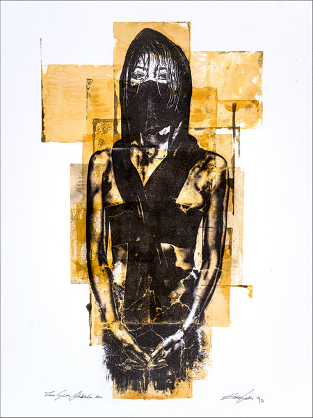 A black and white artwork featuring a stylized, abstract portrait with gold and brown accents.