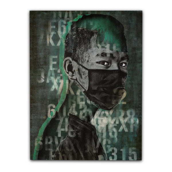 Mixed Media artwork on wood panel depicting a character wearing a mask with text elements and abstract patterns.