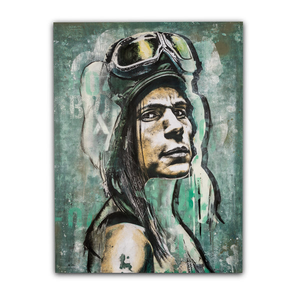 A mixed media artwork on wood panel depicting a character with a helmet, primarily in shades of green and black.