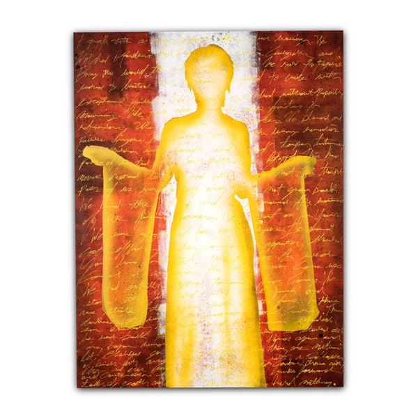 A mixed media artwork on wood panel depicting a figure with outstretched arms against a background with red and orange hues and text elements.