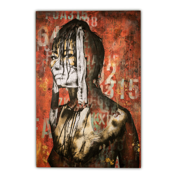 A mixed media artwork on wood panel featuring a figure with a shadowed face and mask and abstract numeric palindromes.