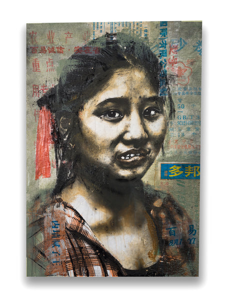 A portrait of a woman with a mix of realistic and abstract elements, featuring Chinese characters, on a stretched canvas with a background of collaged found bags.