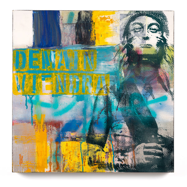 A mixed media artwork featuring a stylized, abstract portrait with a prominent text overlay reading 'DEMAIN VIENDRA' set against a vibrant background with blue, yellow, and red hues.