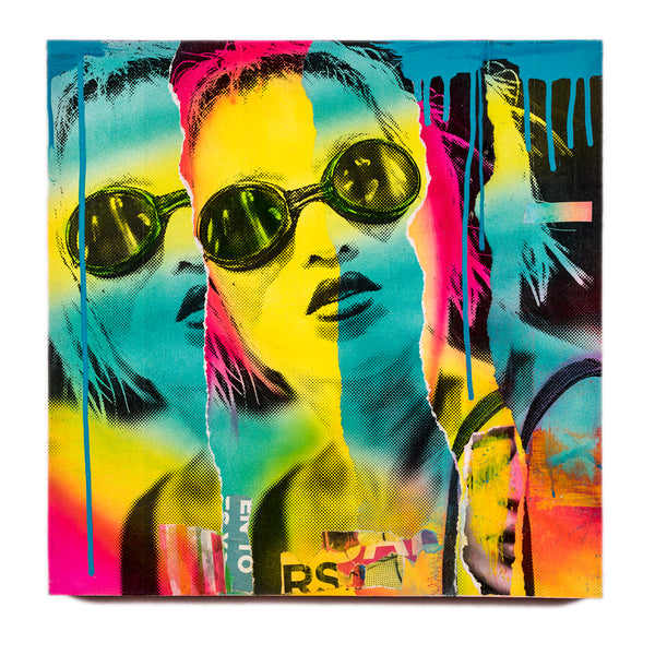A mixed media artwork featuring a portrait of a woman with sunglasses and brightly colored background.