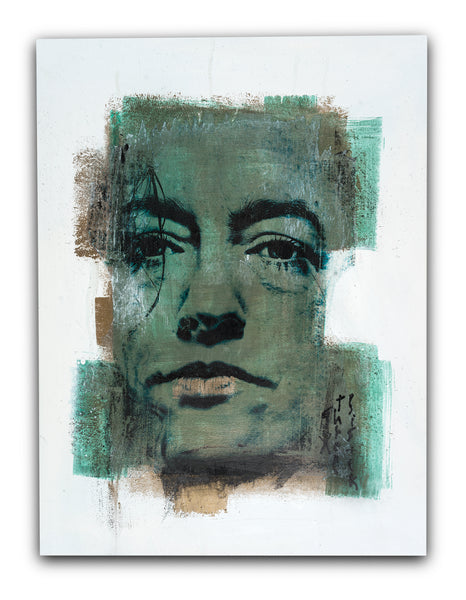 A mixed media artwork featuring abstract and figurative elements in green, brown, and white tones, with the signature of the artists on the back.
