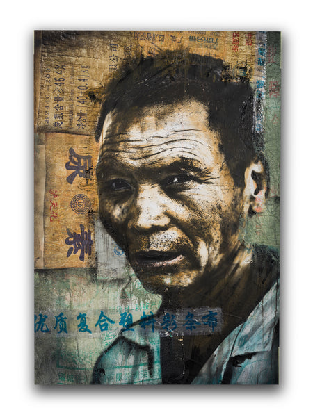 A portrait of a man with a serious expression, depicted in a mixed media artwork on canvas with found bags and text in the background.