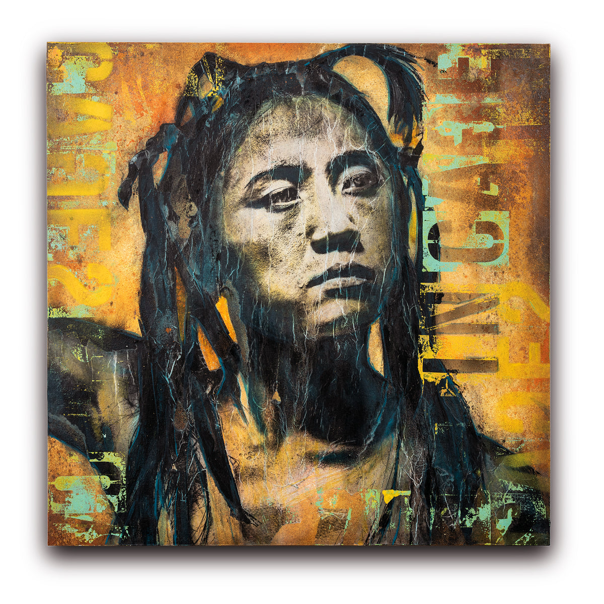 A mixed media artwork on wood panel featuring a portrait with abstract elements in yellow, black, and other colors with text components.