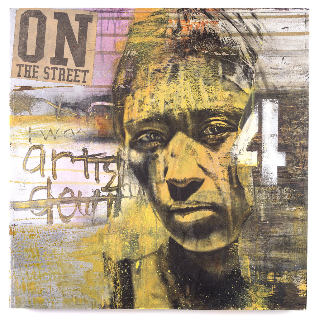 Abstract mixed media artwork featuring a distorted portrait of a woman