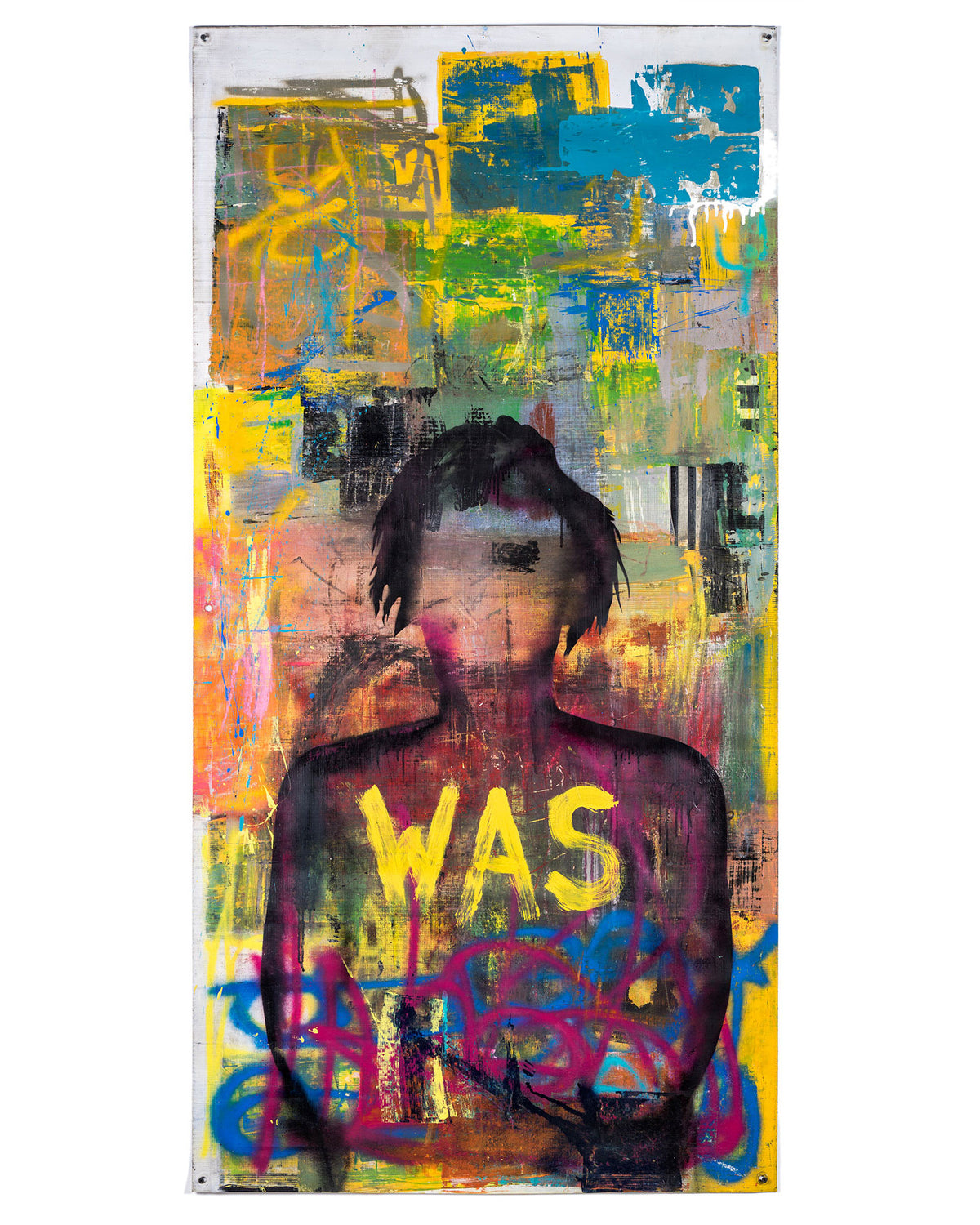 A colorful abstract artwork featuring a stylized human figure with the word 'WAS' prominently displayed, indicating a collaboration with James Swinson and measuring 68 x 35 inches on grommeted vinyl banner.