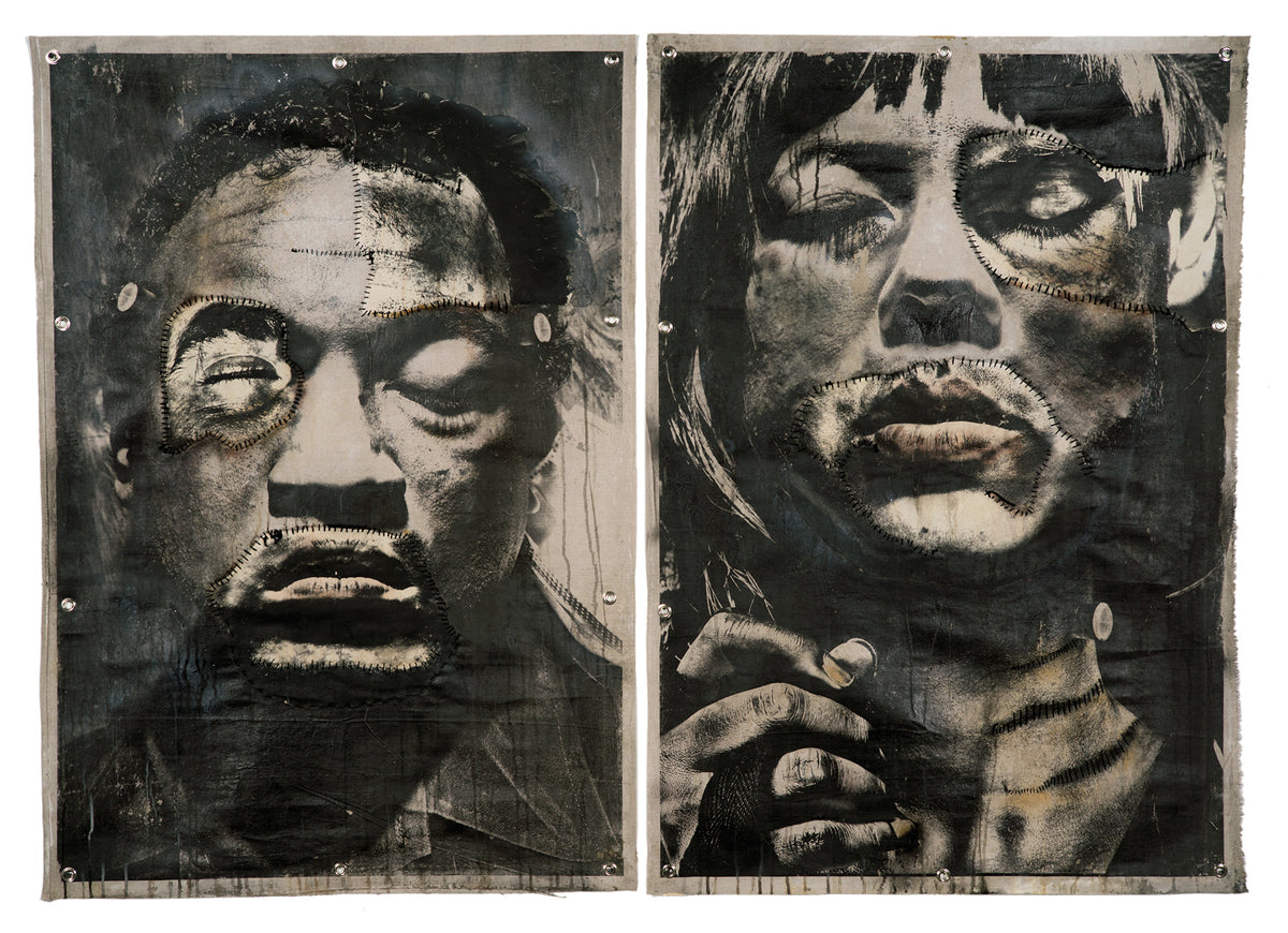 A set of two canvases featuring a monster and a bride in a distressed black and white photographic style.
